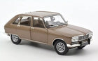 Brown diecast model car 1:18 scale, classic hatchback with chrome trim, on white background