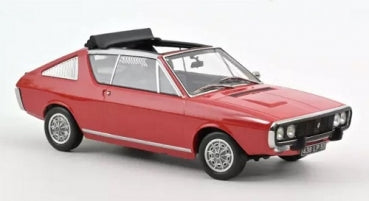 Red diecast model car with vintage coupe design, open roof, and detailed wheels on white background