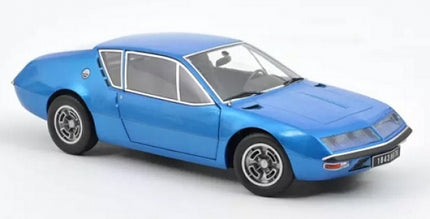 Blue diecast model classic sports car with silver trim, viewed from the front side angle