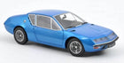 Blue diecast model classic sports car with silver trim, viewed from the front side angle