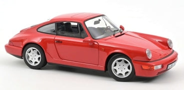 Red Porsche 911 diecast model car in 1:18 scale with silver rims, side view.
