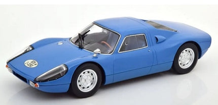 Blue diecast model car in 1:18 scale with racing details on white background