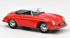 Red diecast convertible model car with black interior and silver wheels on white background