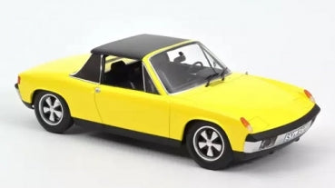 Yellow 1:18 scale diecast model car with black roof and detailed wheels on white background