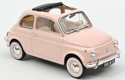 1:18 scale diecast model car, pastel pink classic Fiat 500 with open sunroof
