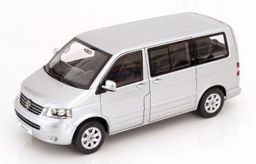 Silver diecast model van with detailed exterior, 1:18 scale, Volkswagen replica