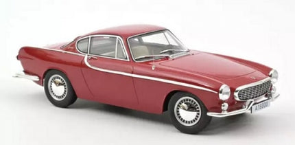 Red classic diecast model car with chrome details, 1:18 scale, displayed on white background