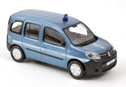 Blue diecast Renault Kangoo Gendarmerie model car with police markings and roof light.