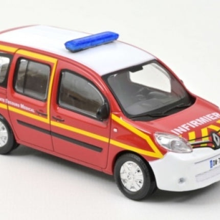 1:43 scale diecast model of a red and white Renault emergency vehicle with blue light bar