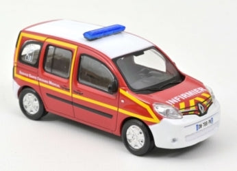 Diecast model of a red and white Renault emergency vehicle with blue light bar, 1:43 scale.