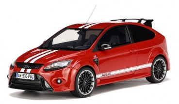 Red diecast model car with racing stripes, black wheels, and detailed exterior design