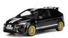 1:18 scale diecast black Ford Focus model car with white racing stripes and yellow wheels