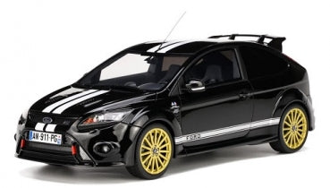 1:18 scale black diecast model car with white racing stripes and yellow wheels
