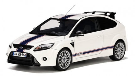 1:18 scale white Ford Focus RS diecast model car with blue racing stripes and rear spoiler