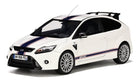1:18 scale white Ford Focus RS diecast model car with blue racing stripes and rear spoiler