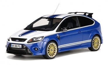 1:18 scale blue and white diecast model car with gold wheels, sporty hatchback design