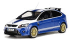 1:18 scale blue and white diecast Ford Focus model car with gold wheels, front view