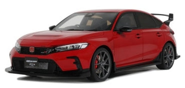 Red diecast model car with rear spoiler, black accents, and sporty design on white background