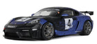 1:18 scale diecast Porsche race car model, black and blue with number 4, detailed exterior