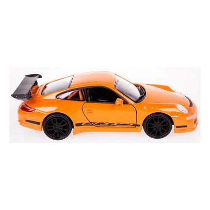 1:34 scale orange Porsche 911 GT3 RS diecast model car side view