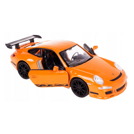 1:34 scale orange Porsche 911 GT3 RS diecast model car front view convertible with open door