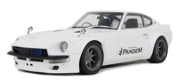 White diecast model car with Pandem logo, wide body kit, and detailed wheels, 1:18 scale.