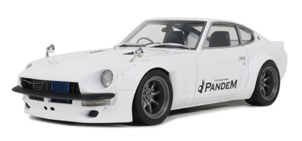 White diecast model car with wide body kit, black wheels, and Pandem logo on the door