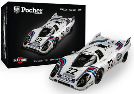 1:8 scale Porsche 917KH MARTINI diecast model car with branded box, white and blue livery.