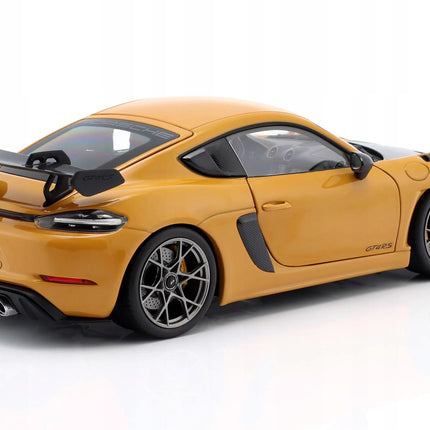 Porsche 718 Cayman GT4 RS Diecast Model, Bahama Yellow, 1:18 Scale w/ Custom Plates