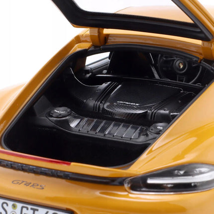 Porsche 718 Cayman GT4 RS Diecast Model, Bahama Yellow, 1:18 Scale w/ Custom Plates