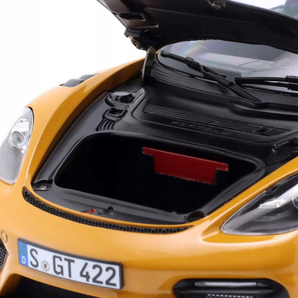 Porsche 718 Cayman GT4 RS Diecast Model, Bahama Yellow, 1:18 Scale w/ Custom Plates