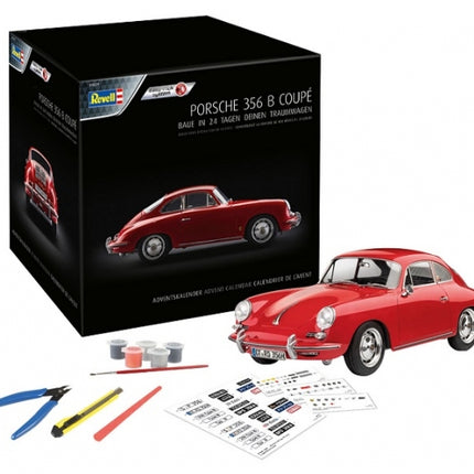 Revell Porsche 356 B Coupe model kit with tools, paints, decals, and box shown