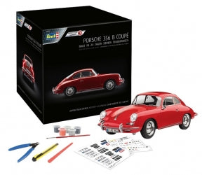 Revell Porsche 356 B Coupe model kit with red scale car, tools, paint, and decals set