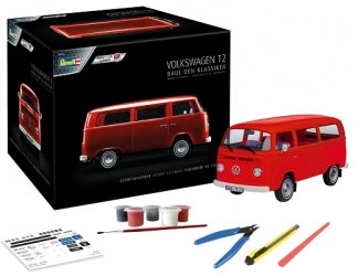Revell Volkswagen T2 model kit with red van, box, paints, tools, and decals