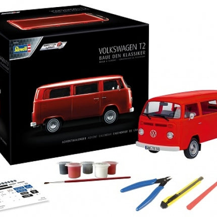 Revell Volkswagen T2 red model kit with box, paints, tools, and decals included