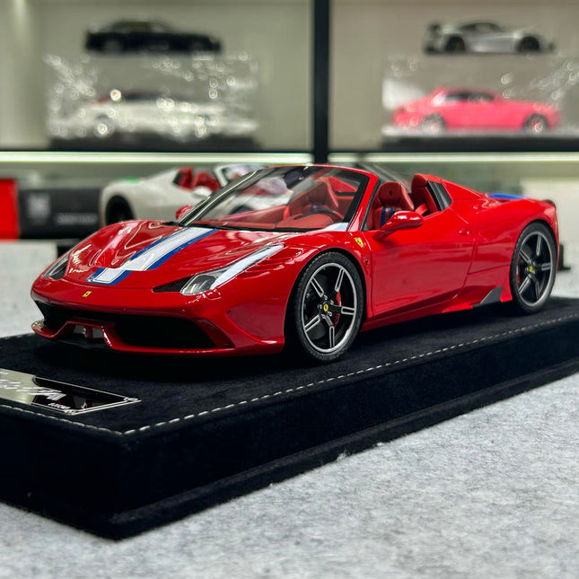 HH Model Ferrari 458 Speciale Aperta Metallic Red 1:18 Resin Model Car - studio product photo of the scale model
