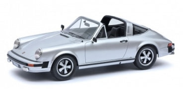 Silver diecast Porsche 911 Targa model car in 1:18 scale with black interior