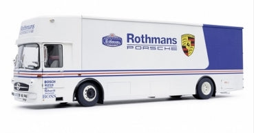 Diecast model Porsche racing team truck transport in Rothmans livery, 1:18 scale.