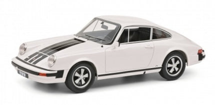 White Porsche diecast model car with black stripes, 1:18 scale, side view