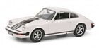 White Porsche diecast model car with black stripes, 1:18 scale, side view