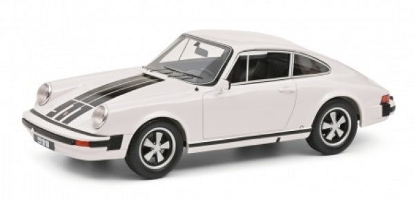 White Porsche diecast model car with black stripes, 1:18 scale, side view