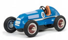 Blue vintage diecast race car model with number 8, white wheels, and brown seat