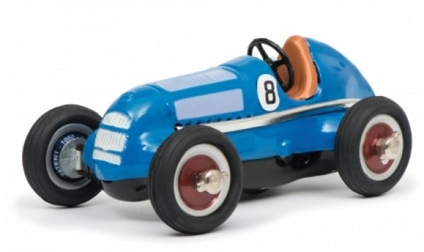 Blue vintage diecast race car model with number 8, white wheels, and brown seat