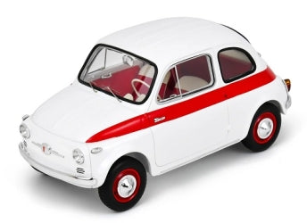 White and red diecast model car 1:18 scale, classic compact design, side view