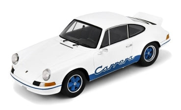White diecast Porsche model car with blue Carrera decals and blue wheels, 1:18 scale