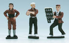 Three painted diecast figurines in vintage racing attire, one holding a pit board sign