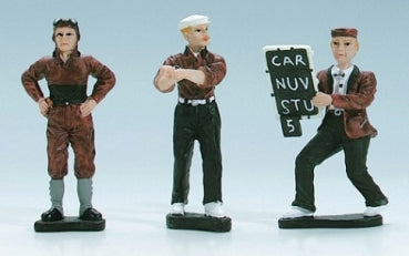 Three painted diecast racing figure miniatures in vintage outfits, including a sign holder.