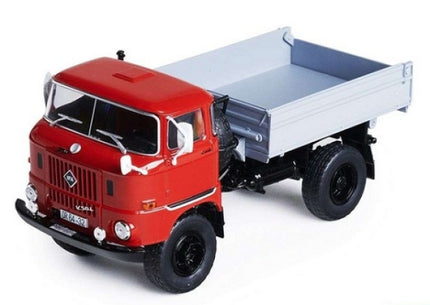 Red and gray diecast model flatbed truck in 1:18 scale on white background