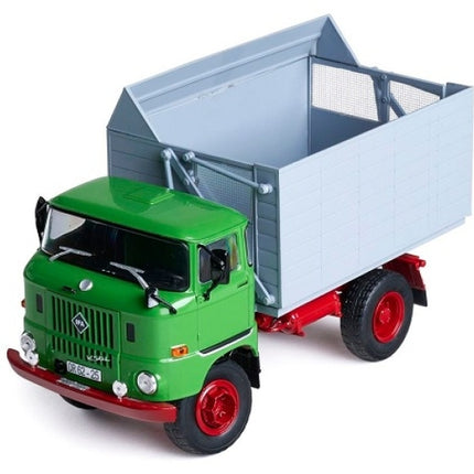 Green and gray diecast model truck with red wheels, 1:18 scale collectible vehicle