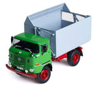 Green and gray diecast model truck with red wheels, 1:18 scale collectible vehicle